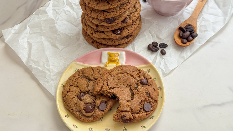 coffee chocolate chip cookies on plate