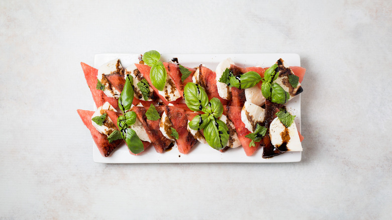 watermelon caprese salad on dish