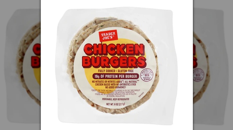 Trader Joe's Chicken Burgers inside plastic package on white background