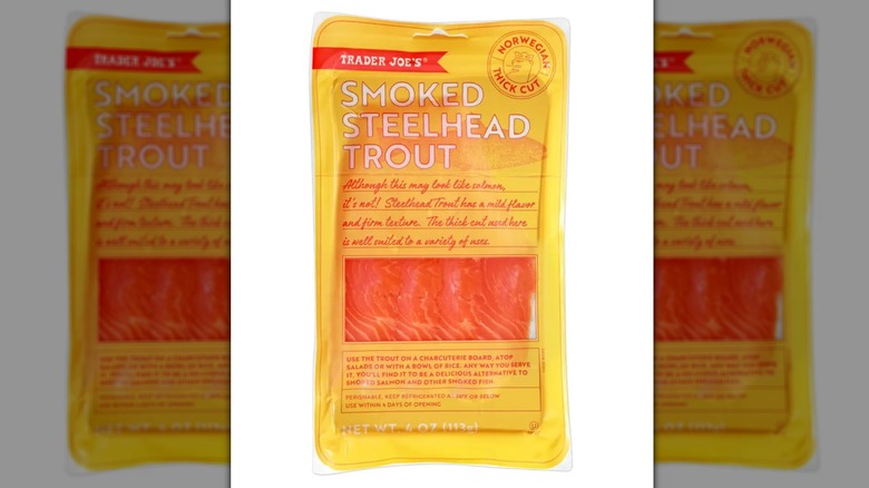 Yellow package of Trader Joe's Smoked Steelhead Trout cured fish on white background