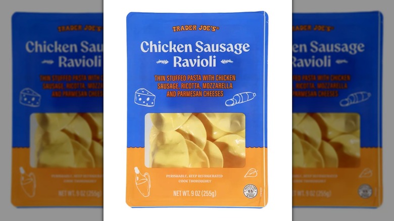 Blue package of Chicken Sausage Ravioli from Trader Joe's on white background