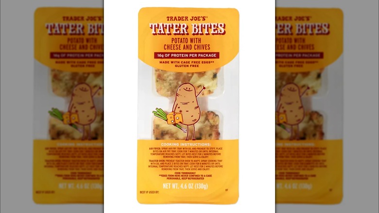 Orange package of Trader Joe's Tater Bites with Cheese and Chives on white background