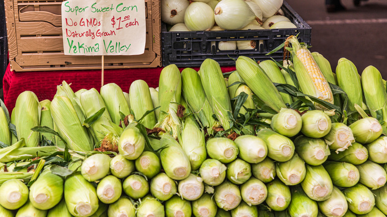 A display of sweet corn at a California farmer's market