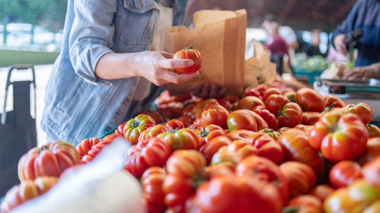 Person selecting fresh tomatoes at an outdoor market
