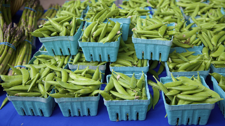 Blue containers of peas on display at a produce stand