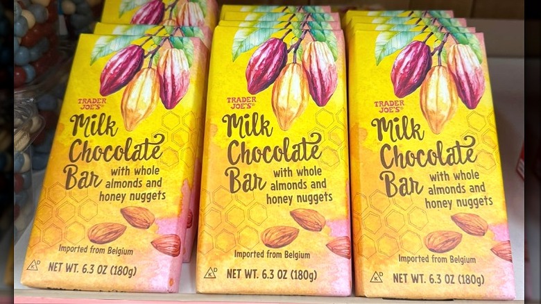 A display of Trader Joe's chocolate bars with almonds and honey nuggets