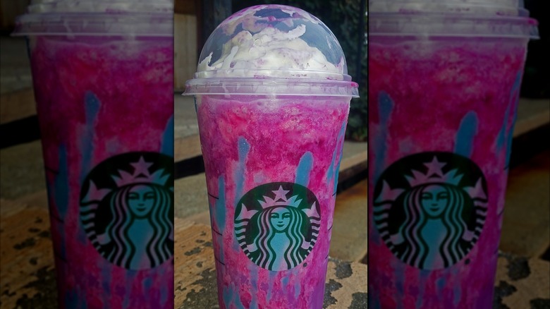 A cup of Unicorn Frappuccino on counter