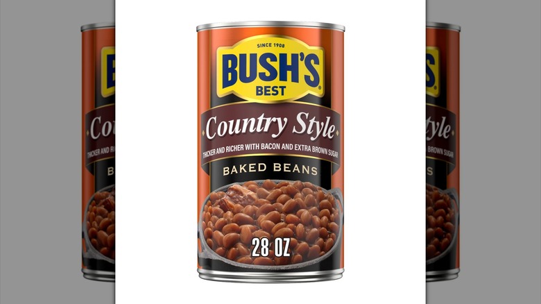 Can of Bush's Country Style Baked Beans on white background