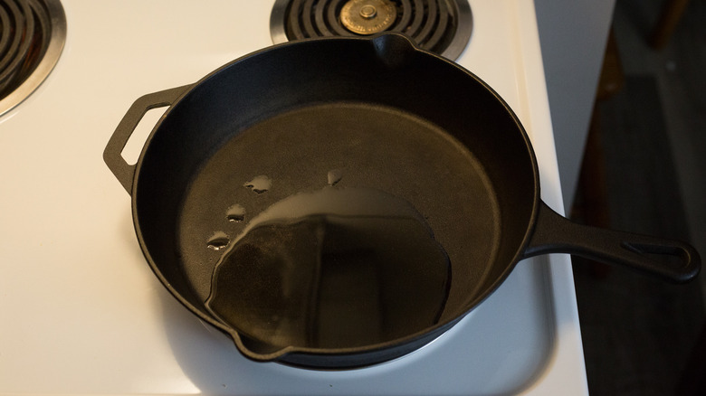 oil heating in iron skillet