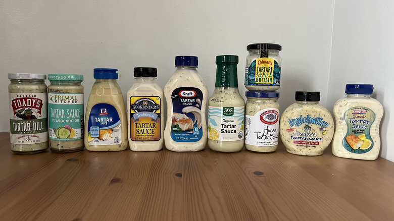 Various brands of store-bought tartar sauce.