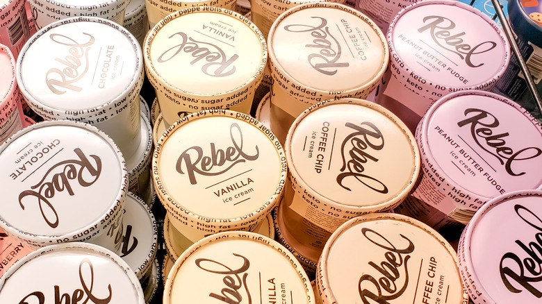 Multiple packages of Rebel Creamery ice cream viewed from above in different flavors