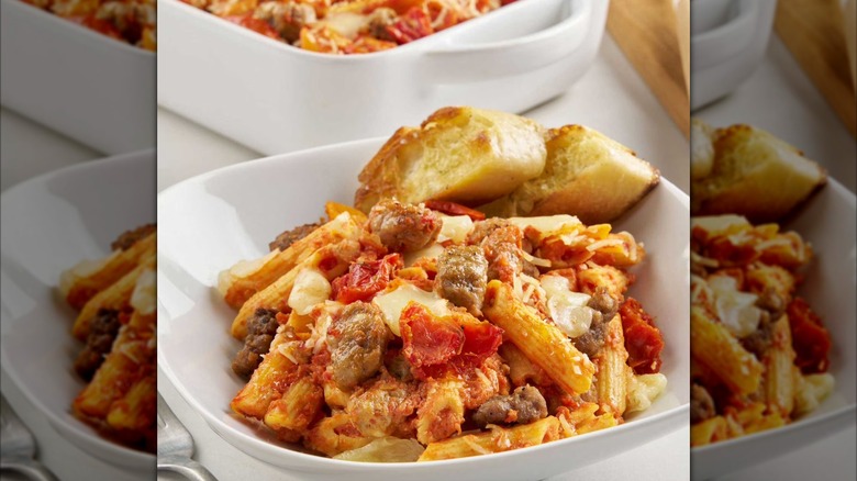 Penne and sausage pasta with bread from Sam's Club