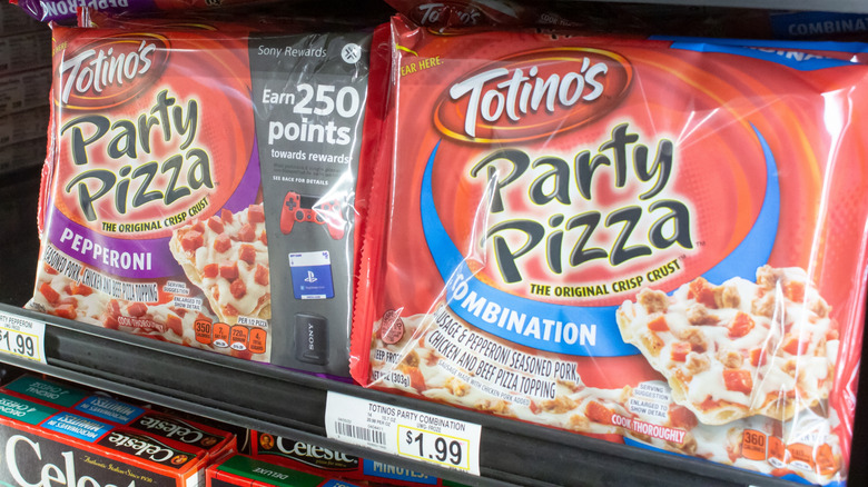 Totino's Party Pizzas on the shelves of the freezer aisle