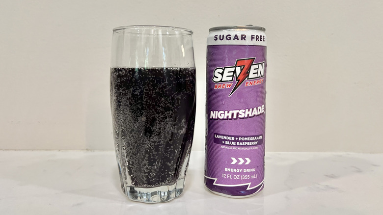 7 Brew canned Nightshade Energy drink in a glass.