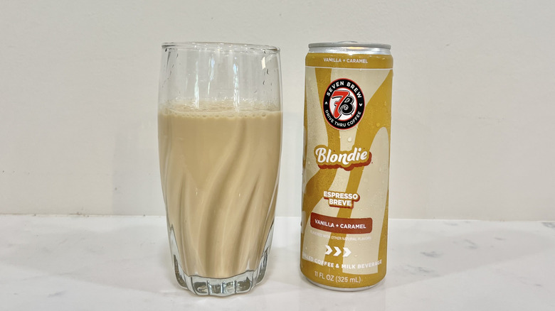 7 Brew canned Blondie Espresso Breve drink in a glass.