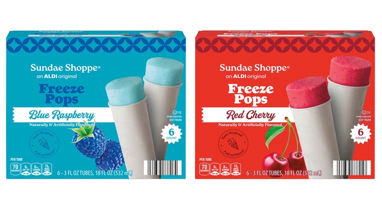 Boxes of Aldi Sundae Shoppe Freeze Pops in Blue Raspberry and Red Cherry flavors on white background