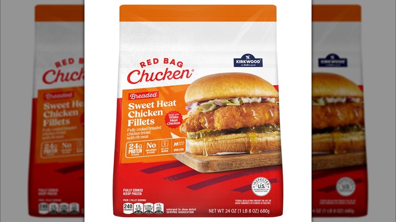 Bag of Aldi Kirkwood Red Bag Chicken: Sweet Heat Chicken Fillets on white background