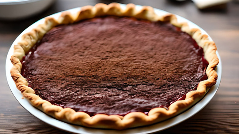 chocolate buttermilk pie with crimped crust in white pie plate