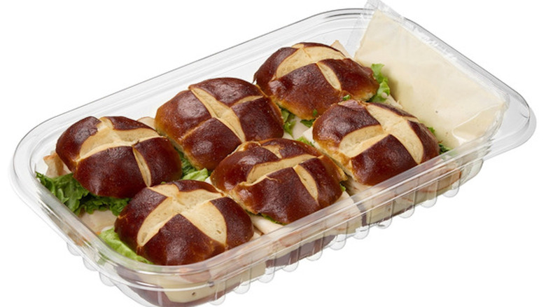 Kirkland Signature Chicken Sandwich on Pretzel Buns with Sauce on white background