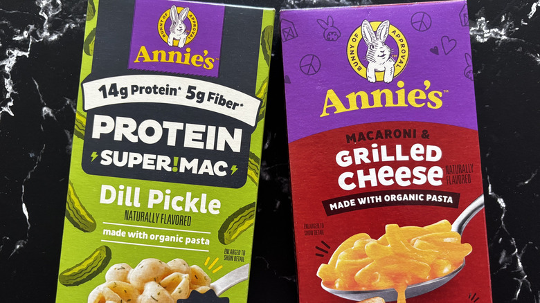 Annie's mac and cheese boxes laying on countertop