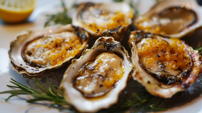 Several oysters on a plate with sauce on top