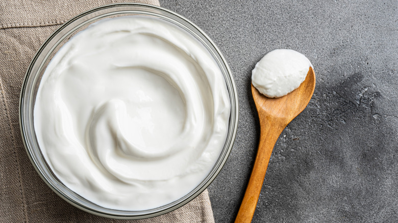 A bowl of Greek yogurt on a kitchen towel, next to a wooden spoon smeared with yogurt against a gray surface