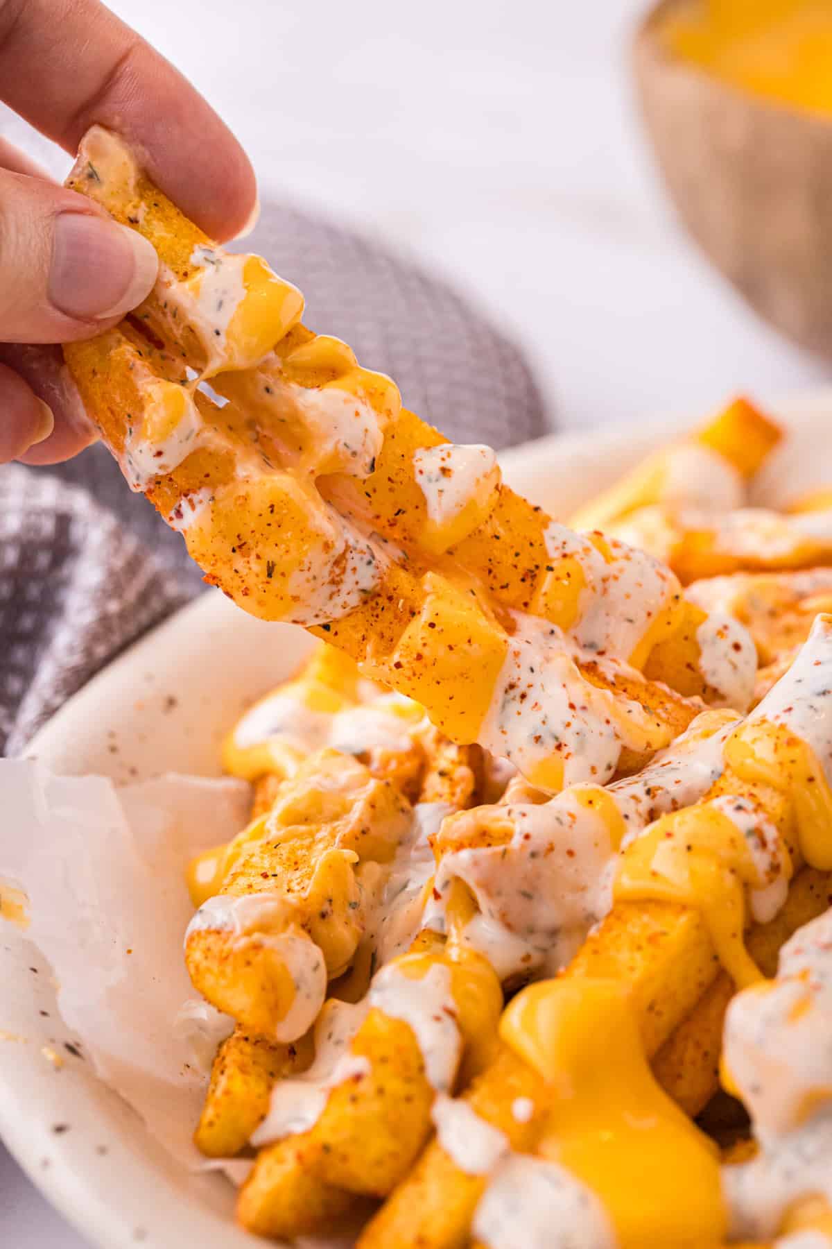 A single fry lifted from the platter, coated in cheese sauce and ranch.