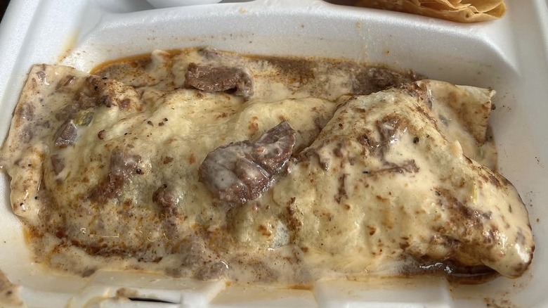 Smothered burrito with tortilla chips