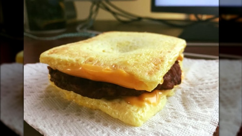 Burger King breakfast sandwich with two egg patties instead of a bun