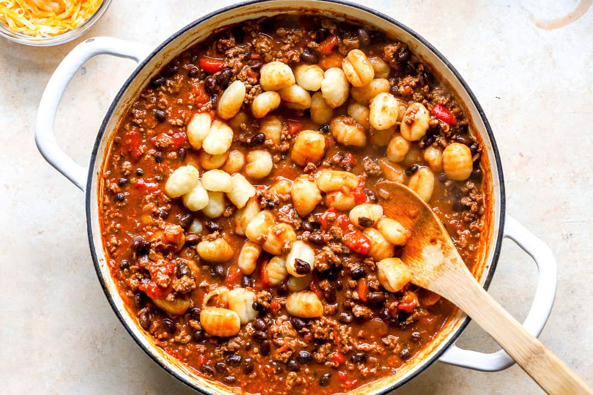 Cooked gnocchi stirred into the taco beef and bean mixture in the skillet.