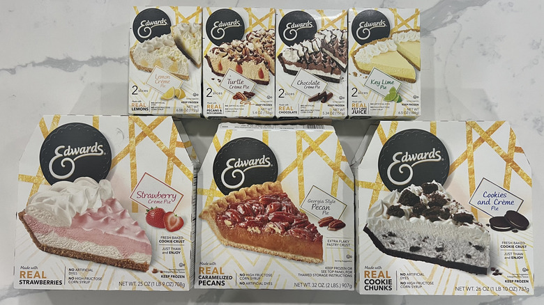 Edwards frozen pies and slices in boxes on a marble background