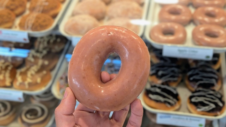 A hand holding an Apple Cider Original Glazed donut in front of the pastry case at Krispy Kreme
