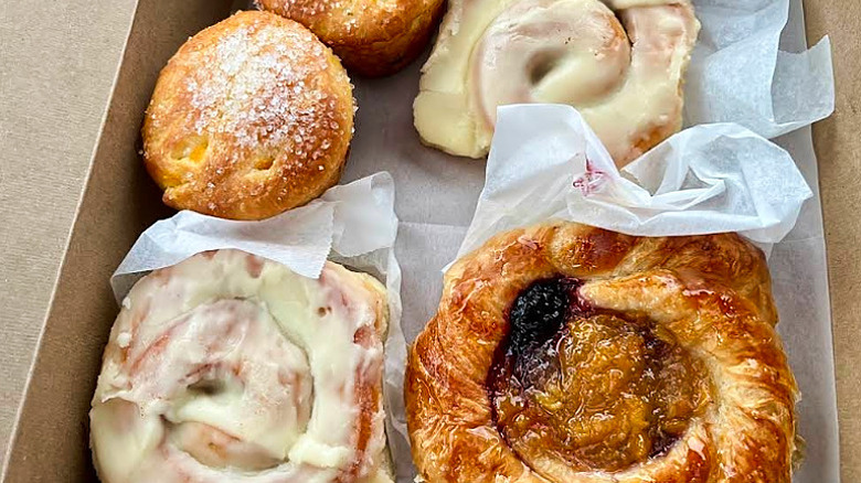 Cinnamon rolls and Danish pastry in a box from Bracken Mountain Bakery