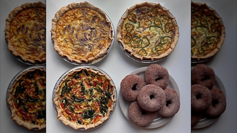 Three quiches and cinnamon sugar spudnuts from The Pie Maker Bakery