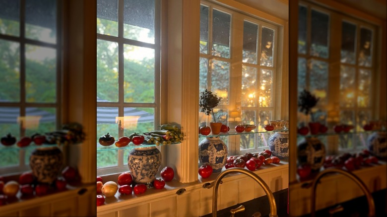 Erin Napier's kitchen windows outfitted with glass shelves