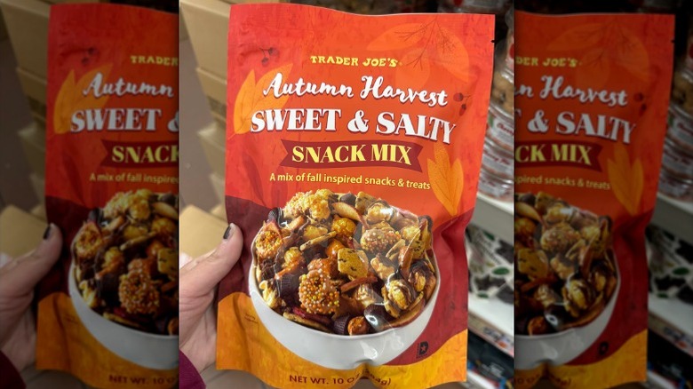 Orange and red bag of Trader Joe's Autumn Harvest Sweet & Salty Snack Mix