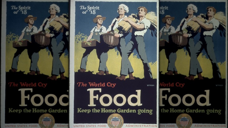 A World War I poster from the United States Food Administration that features farmers with wheat
