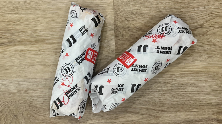 Jimmy John's two new brisket sandwiches in wrappers.