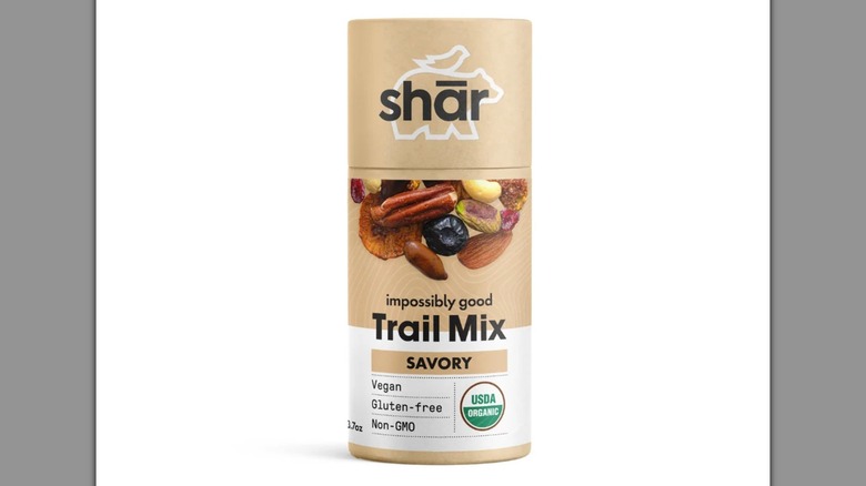 Tube of Shār Savory Trail Mix with images of various dried fruits, nuts, and seeds on packaging