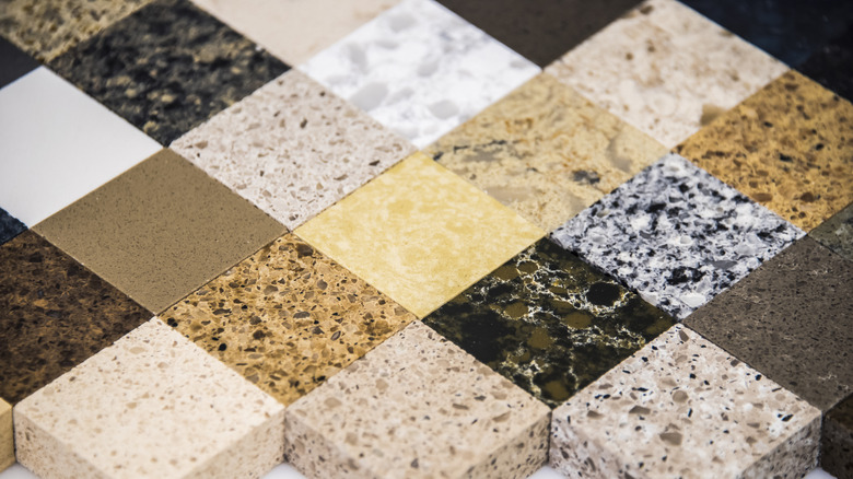 Selection of stone countertop samples in different colors and patterns
