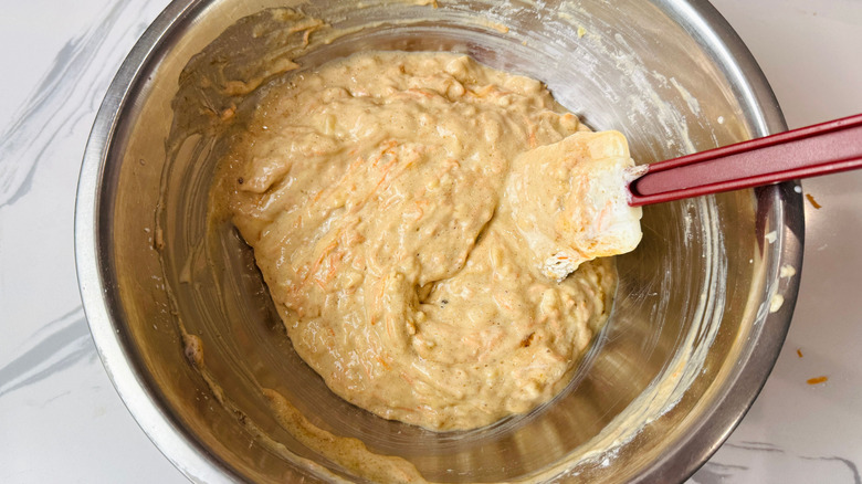 Carrot cake pancake batter in bowl
