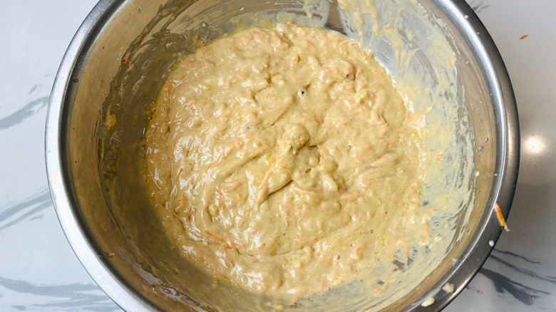 Carrot cake pancake batter in bowl