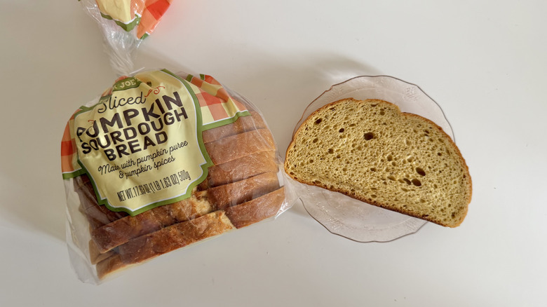 One slice of Pumpkin Sourdough Bread on a plate