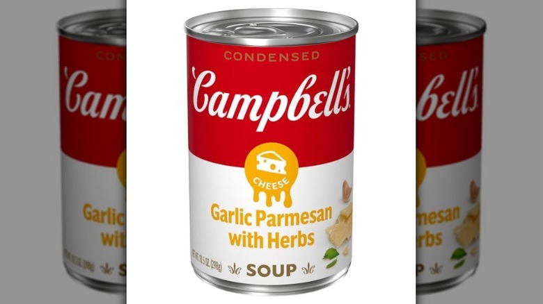 Can of Campbell's Garlic Parmesan with Herbs condensed soup against white background.