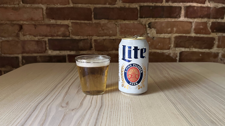 Miller Lite beer in small glass on table