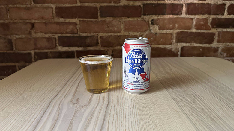 Pabst Blue Ribbon beer in small glass on table