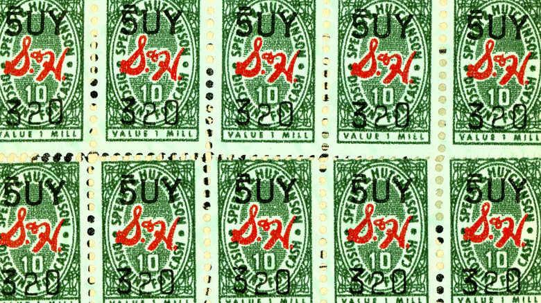 Close-up of strips of S&H Green Stamps