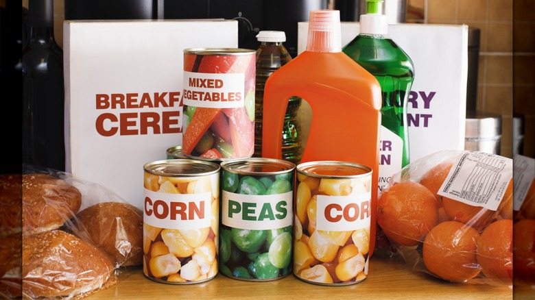 Various grocery and household items with simple branding