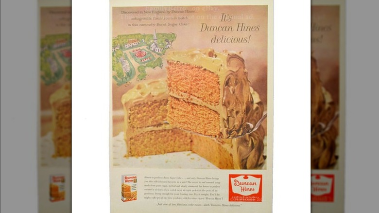 A vintage magazine advertisement for Duncan Hines' burnt sugar cake mix