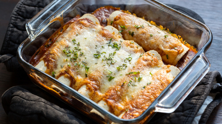 Enchiladas in glass baking tray
